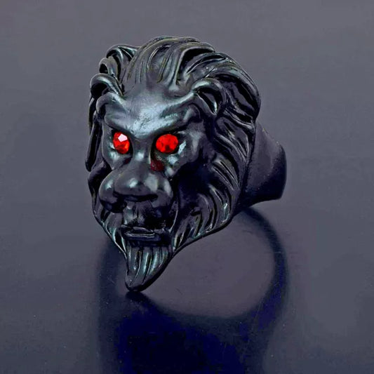 Lion Ring Black Tone Metal Men Fashion Ring Lion Face Red Eyes Jewelry Size